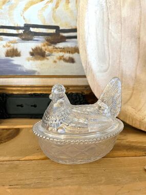 Mosser Glass Crystal Carnival Hen on Nest | Westmoreland Mold Split Tail Covered
